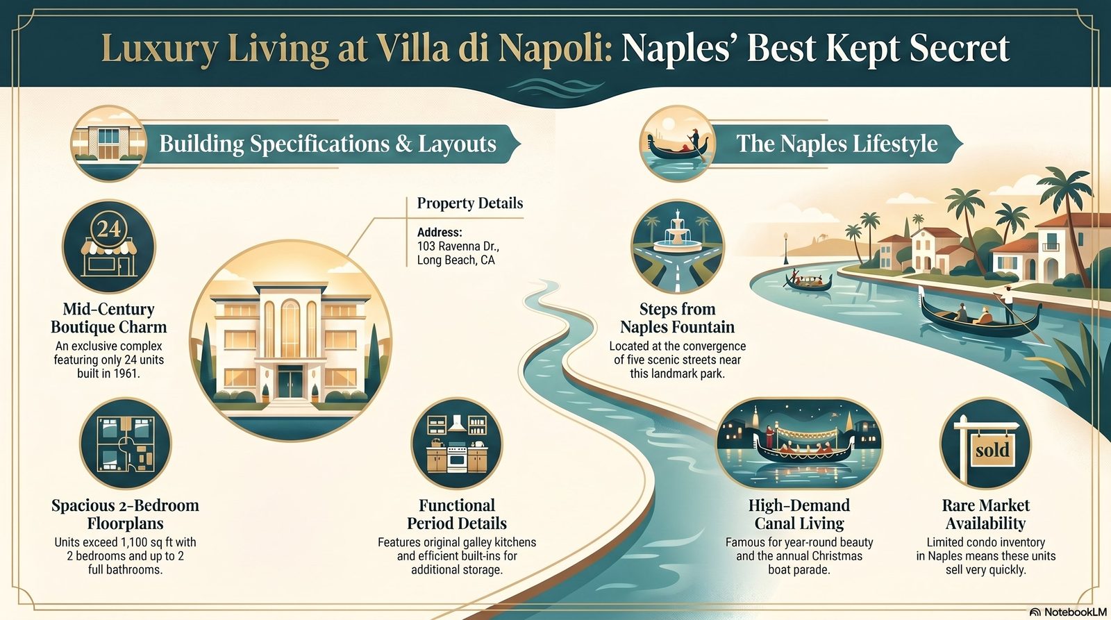 Villa di Napoli infographic: building specifications, floor plans, and Naples Island lifestyle