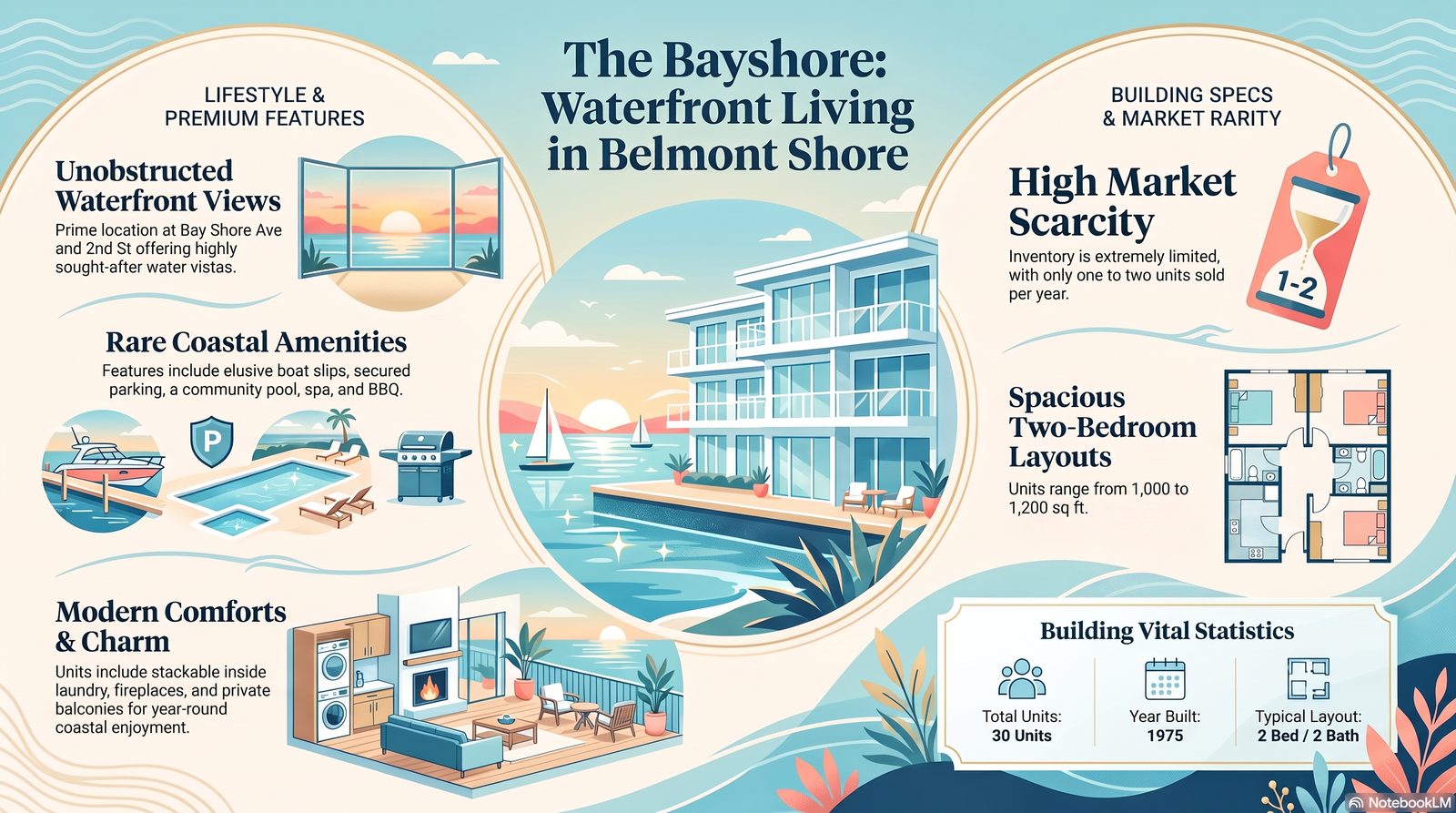 The Bayshore waterfront condos in Belmont Shore — building specs, amenities, and market rarity infographic